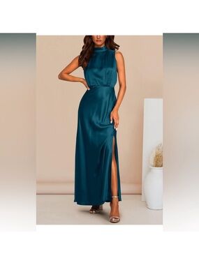 Sleeveless Teal Satin Maxi Dress NWT Medium